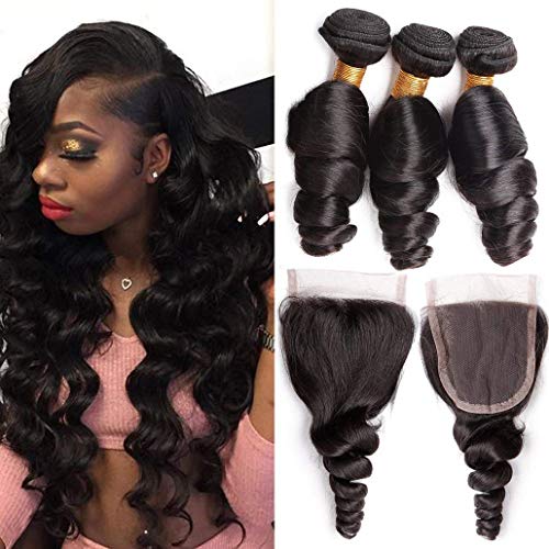 Mink Hair Closure with Loose Wave 3 Bundles (14" 16" 18" + 12" 4x4 Closure) 8A Grade Peruvian Virgin Human Hair Weave Extensions with Free Part 4x4 Closure Natural Color