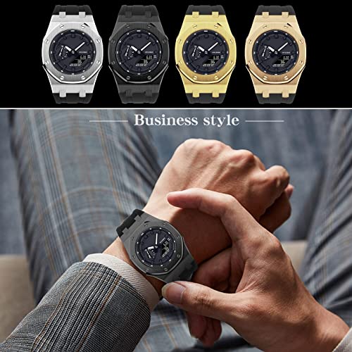 Image of GA2100 Stainless Steel Watch Case with Metal Watchband and Rubber Strap Mod Kit - Compatible with GA-2100 /GA-2110 /GA-B2100 Series - Watch Part Replacement