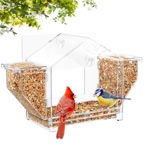 Window Bird Feeder, Clear Birdfeeder for Window Larger Viewing, Squirrel-Proof Bird Watching with Strong Suction Cup and Self-Adhesive, Large Food Storage Design