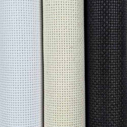 Image of KCS 3 pc of 15 inch x 18 inch(38cmx45cm) 11 Count Cross Stitch Cotton Aida Cloth Needlework Rolled Fabric Box,11CT,White+Oatmeal+Black