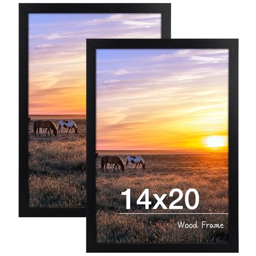 Image of Golden State Art 14x20 Picture Frame Black, Solid Wood Poster Frames 14x20 inches with Real Glass, Vertical & Horizontal Wall Hanging Large Picture Frame for Photos, Posters & Art Prints (2 Pack)