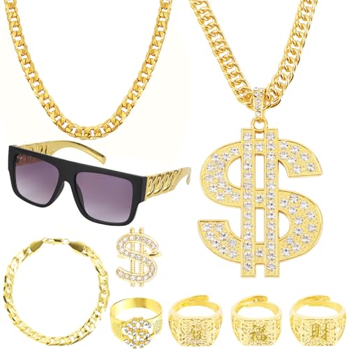 9 Stück Zuhälter Kostüm Set, 80/90 Jahre Hip Hop Anziehen, Rapper Kostüm, Metall Vergoldet Große Goldkette, Chinesische Zeichen Ring Geeignet, Dollar Symbol Ring für Karneval Fasching Mottoparty