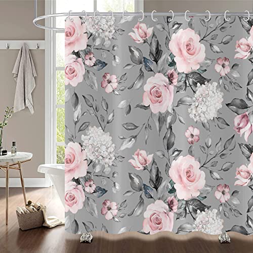 Hnmdmyi Rideau de Douche Fleurs 180x180, Rose Gris Fleur Rideau de Douche élégant Vintage Fleur Aquarelle Roses Rideau de Baignoire imperméable Polyester...