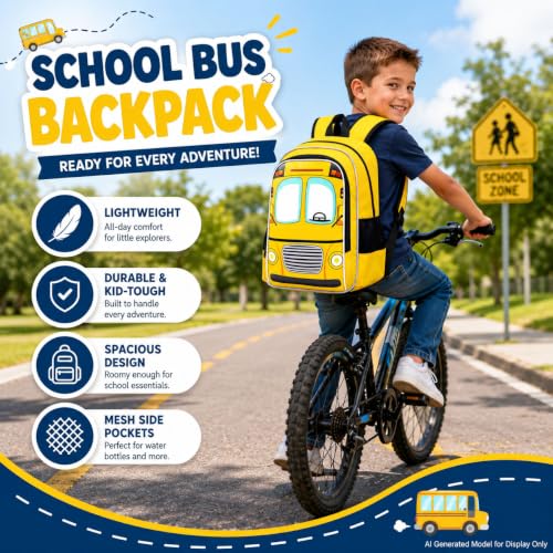 Image of WZLVO 3PCS Bus Bookbag for Boys, 16 inch Cool UV Printing Kids Backpack /School Bag with Lunch Box & Pencil Bag for Preschool to Elementary - Yellow Bus