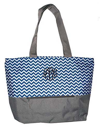 Personalized Monogrammed XL Beach Tote Chevron Print Bag with Mesh Webbed Handles and Outer Zippered Pocket