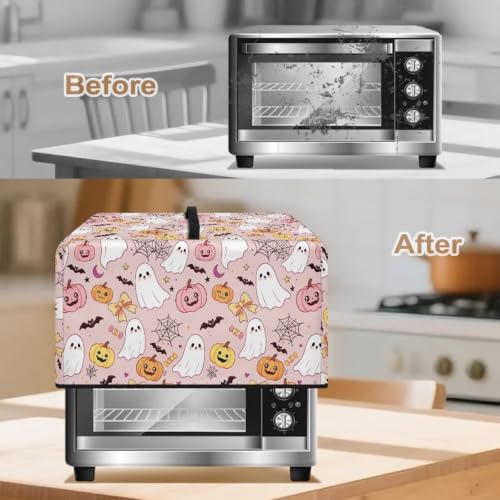 Image of Microwave Oven Dustproof Cover Machine Washable Convection Oven Cover Protector for Halloween Kitchen Party Decor, S, Cartoon Ghost Pumpkin Bat Print Pink