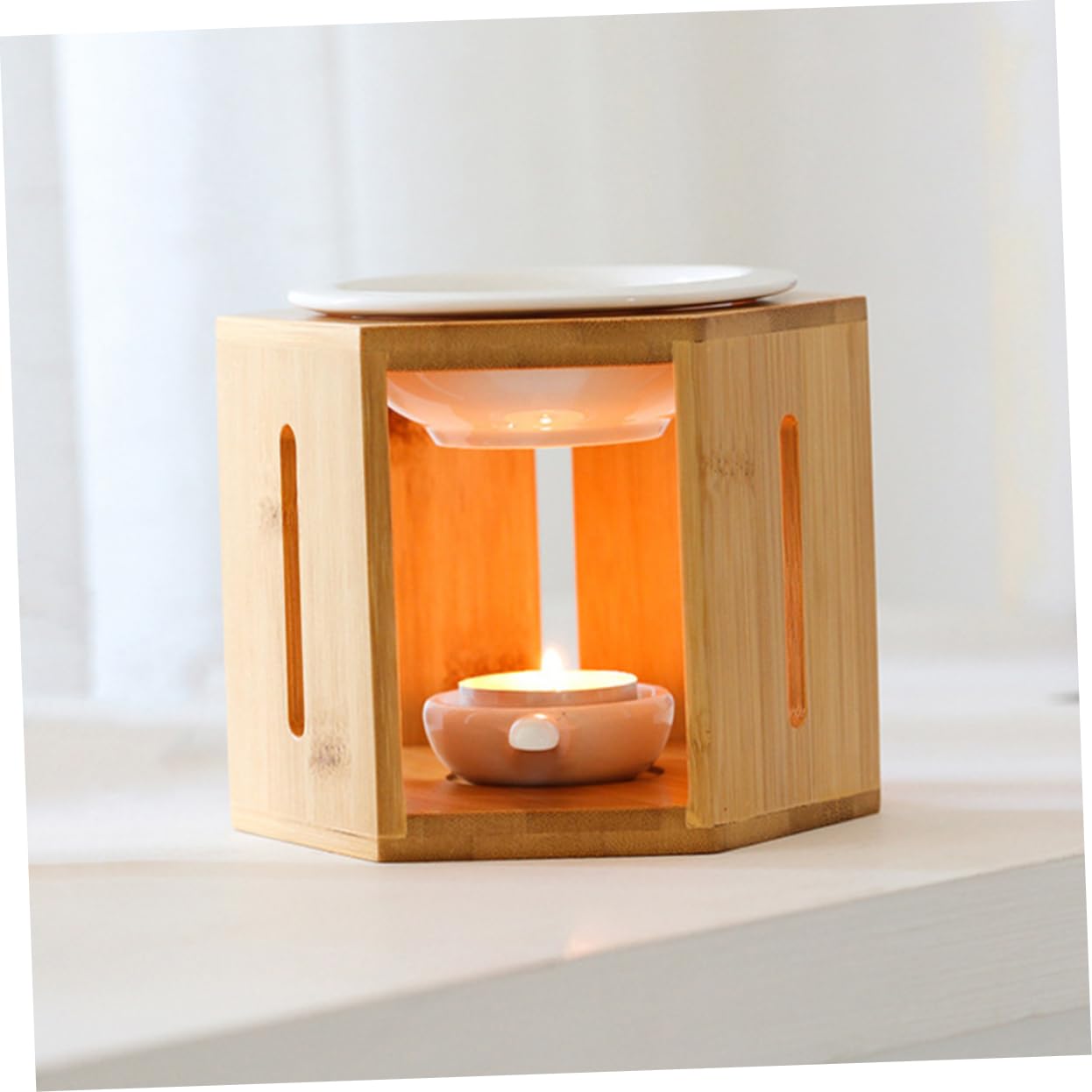 Rustikale Duftlampe aus Bambus und Keramik Teelicht Ölbrenner Braun für Aromatherapie Wohnzimmer und Schlafzimmer
