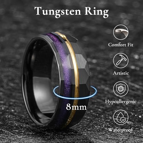 King Will Black Tungsten Ring for Men Hammer Wedding Band Gold Groove Sand Inlay2