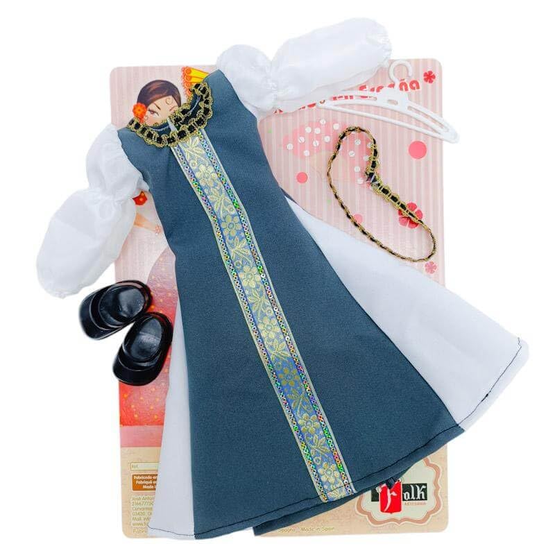 Vestido colección 2023 Vestido fantasía época, Percha y par Zapatos para muñeca Sintra, Simona, Mari's, Pepa's o Naia 41 cm. Fabricado en España por Folk Artesanía. Muñeca no incluida en el Lote.