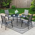 PHI VILLA 5 Pieces Outdoor Patio Dining Set with 4 Stackable Aluminum Dining Chairs & 1 Large Round Dining Table, Extra Wide Textilene Mesh Fabric Chair and 42" Metal Table for All Weather
