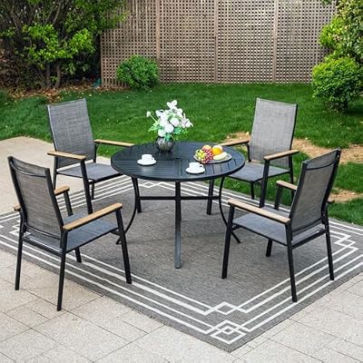 PHI VILLA 5 Pieces Outdoor Patio Dining Set with 4 Stackable Aluminum Dining Chairs & 1 Large Round Dining Table, Extra Wide Textilene Mesh Fabric Chair and 42" Metal Table for All Weather