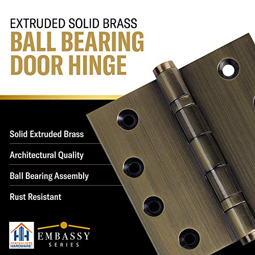 Embassy Door Hinge Solid Brass - 4 X 4 Inch, Heavy Duty, Antique Brass, Ball Bearings, Rust Resistant Stainless Steel Pin, Architectural Designer Grade, Home Improvement, 3 Pack #TOP2