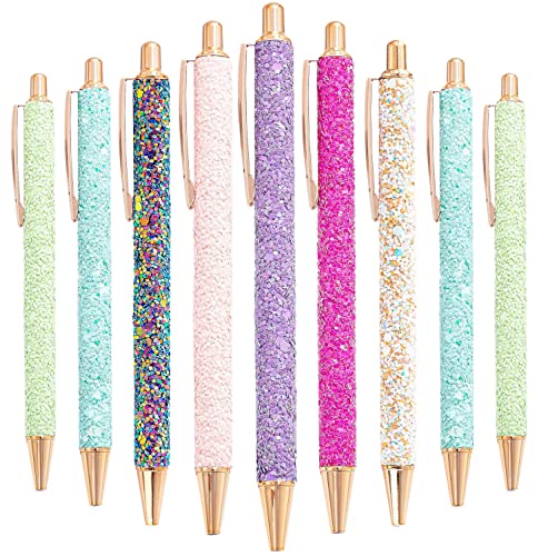 Xccj 9 Pcs Fancy Pens for Women Glitter Colorful Ballpoint Pens Metal Retractable Pens Black Ink Medium Point 1.0 mm Pretty Cute Sequins Pens Journaling Pens for Women Girls (Fresh style) 