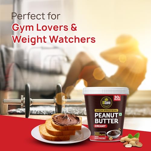 Image of DiSano High Protein Dark Chocolate Peanut Butter with Whey Protein, Creamy 1kg | 30g Protein. Gluten Free, Zero Cholesterol & Trans Fat | Post & Pre Workout snack (Pack of 3)