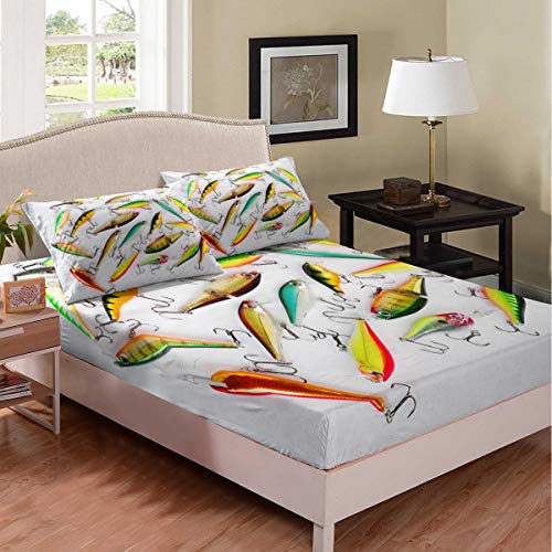 Fishing Bedding Bed Sheet Set for Boys Teens Child Kids Youth Bedroom Fishing Outdoor Sports Fitted Sheet Fish Hook Bait Print Bedspread Bed Cover Decor 2 Pcs Twin Size Soft