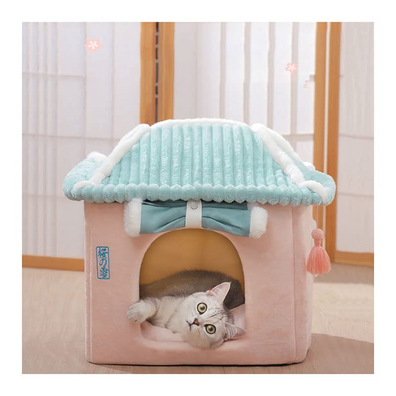 Cute Cat Bed Cave,Cute Cat House,Cat Sleeping Bag,Washable Cat Bed,Calming Dog Bed,Cozy Dog Tent, (Pink House - Green Door)