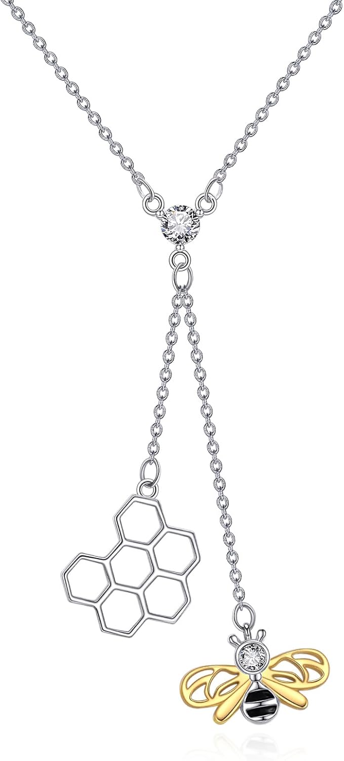 Bee Necklace Sterling Silver Honeycomb and Bee Pendant Necklace y-Necklace Jewelry Gifts for Women