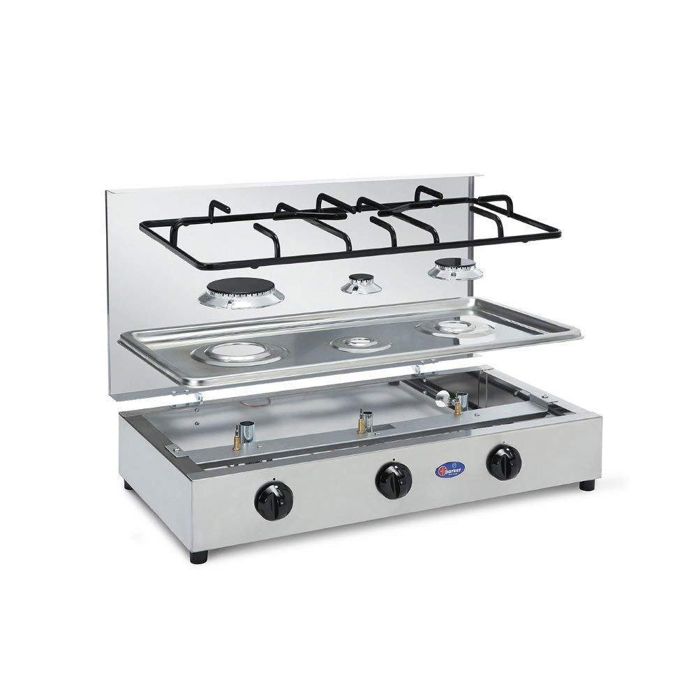 FORNELLO DA TAVOLO IN ACCIAIO PARKER 3 FUOCHI ALIMENTAZIONE GAS METANO CON VALVOLE SICUREZZA PER USO INTERNO MADE IN ITALY FO300ACCGPSm