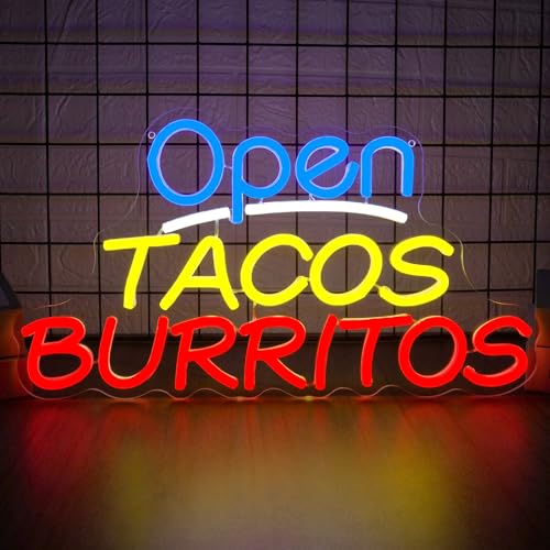 Open Tacos Burritos Neon Sign for Wall Decor Dimmable LED Taco Bar Sign for Business Restaurant Decor Mexican Food Bar Welcome Sign Gifts for Taco Lover（16.8 * 9.2inch）
