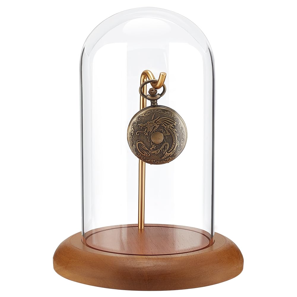 PH PandaHall Horloge Dome Cloche Zakhorloge Display Helder Glas met Houten Base Voor Vaderdag Gift Collectibles 14.5x19.5cm