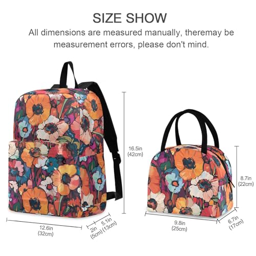 Backpack Lunch Bag Set Pastel Flowers Print, Big Storage Travel Backpacks with Insulated Lunch Box for Office Hiking Picnic2