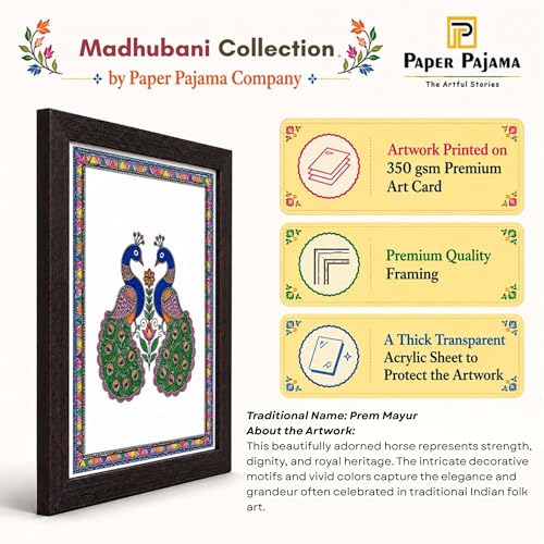 Image of PAPER PAJAMA Peacock Pair Wall Art for Living Room | Madhubani Peacock Painting | Traditional Indian Folk Art Bird Artwork Framed Decor for Home, Bedroom & Office (10x13 Inches)