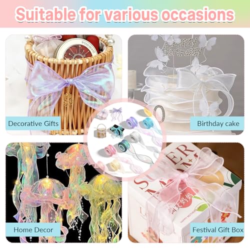 8 Rollen Organzaband 40 mm x 9 m, Geschenkband Transparente Schleifenband Schimmernde Geschenkband Breit Satinband für Hochzeit Basteln Blumenstrauß Seinladungen Basteln