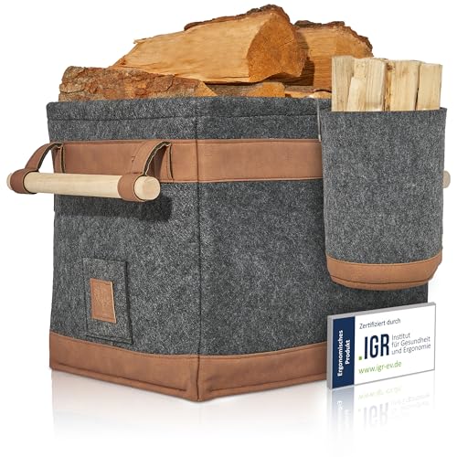 OAKAGE® Holzkorb für Kaminholz Groß mit Zündholzkorb [Schmutzabweisendes Innenfutter und Lederboden] Kaminholzkorb Feuerholzkorb Brennholzkorb Kaminkorb Filzkorb | Korb Dunkelgrau