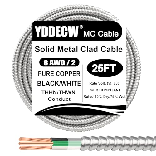 Image of 25ft 8 /2 Metal Clad (MC) Cable with Ground, 8 Gauge Electric Wire with Aluminum Armor, Solid Bare Copper Conductors for Indoor Outdoor Underground Embedded Installation (8 /2, 25 ft)