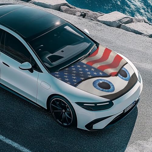 Image of American Flag Eyes Car Hood Cover Stretch Polyester Cover for Car Hood Waterproof Automotive Accessories Easy Installation for Car Hood Decoration and Protection