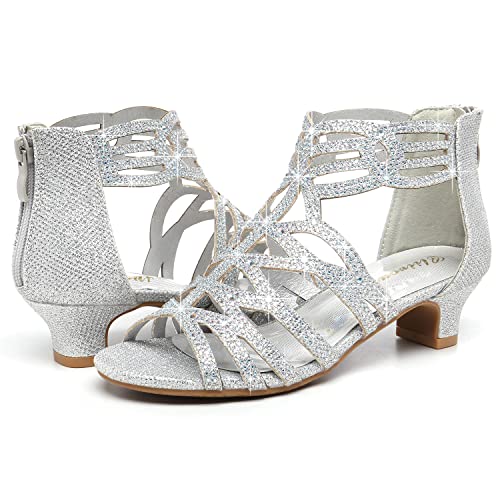 Cliivour Girls High Heels Glitter Princess Dress Shoes Little Girls Silver Wedding Party Prom Sandals Pageant Sequin Rhinestone Pump Shoes Size 3（02Silver 3） #TOP2