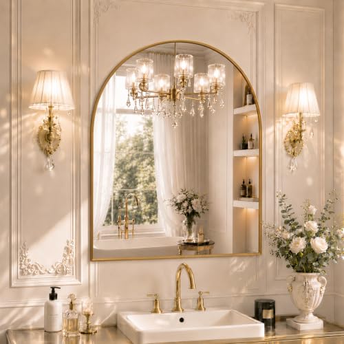 Image of 40 inchx30 inch Arched Gold Bathroom Mirror - Metal Framed with HD Shatter-Proof Glass, Wall-Mounted for Over Sink, Entryway, Living Room, Bedroom