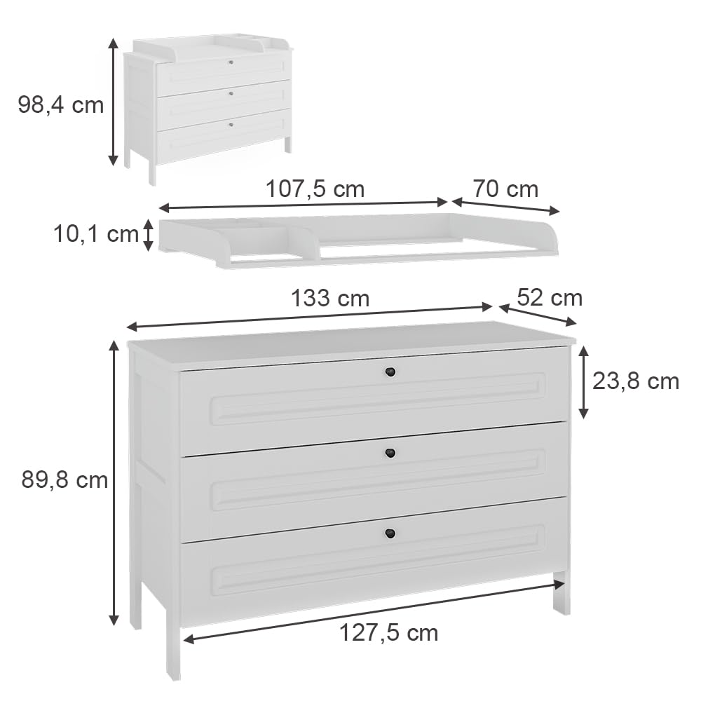 VitaliSpa Fasciatoio Ajaton, Bianco, 133 x 98.4 cm con 3 cassetti, adatto per fasciatoi standard fino a 85 cm