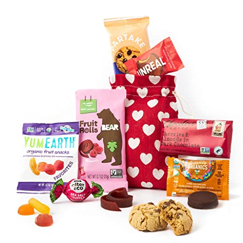 Healthy Candy Bag Gift for Her- Variety of Non-GMO Candy, Healthy Chocolate in Red Gift Bag covered with White Hearts- Great Gift For Him