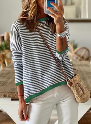 Image of Womens Striped Lightweight Cotton Sweaters Long Sleeve Crew Neck Color Block Casual Knitted Pullover Tops