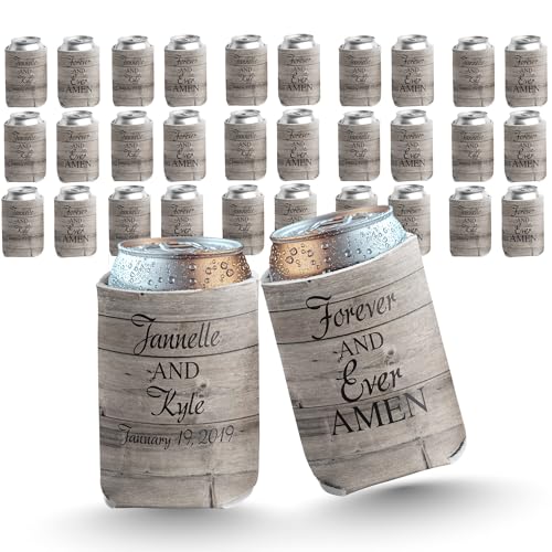 VictoryStore Rustic Wedding Can Coolers – Custom “Forever and Ever Amen” Design – Personalized Party Favors for 12-16oz Cans – Set of Customizable Drink Sleeves – Made in USA, Set of 150