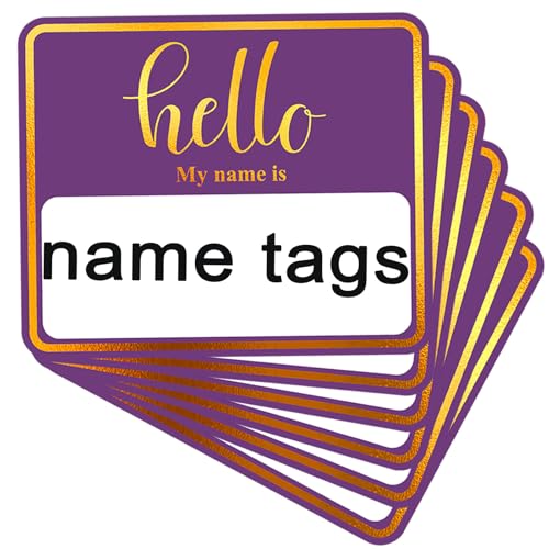 Image of 180 PCS Hello My Name is Name Tag, Gold Foil Name Tags Sticker, 2.5 x 3 Inch Large Name Labels, Purple Adhesive Name Tag Labels for Business, Party - Office, School, Home