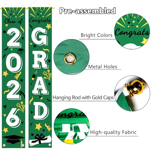 Image of Graduation Porch Banner Class Sign Congrats Grad Hanging Flags High School College University Party Decoration For Front Door Outdoor Green White