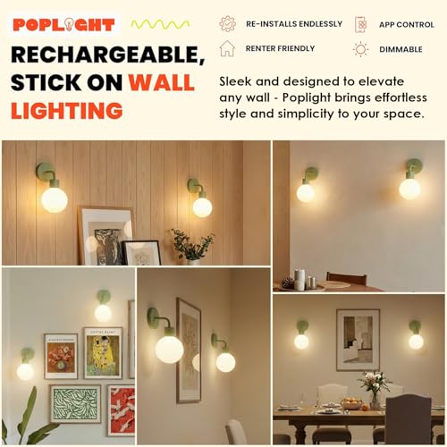 Image of Poplight Wireless Wall Sconce (Shark Tank) Rechargeable & Dimmable LED Light w /App Control & Damage-Free Install, Moveable Modern Ambient Lighting for Elegant Home & Bedroom Decor | Sage Green