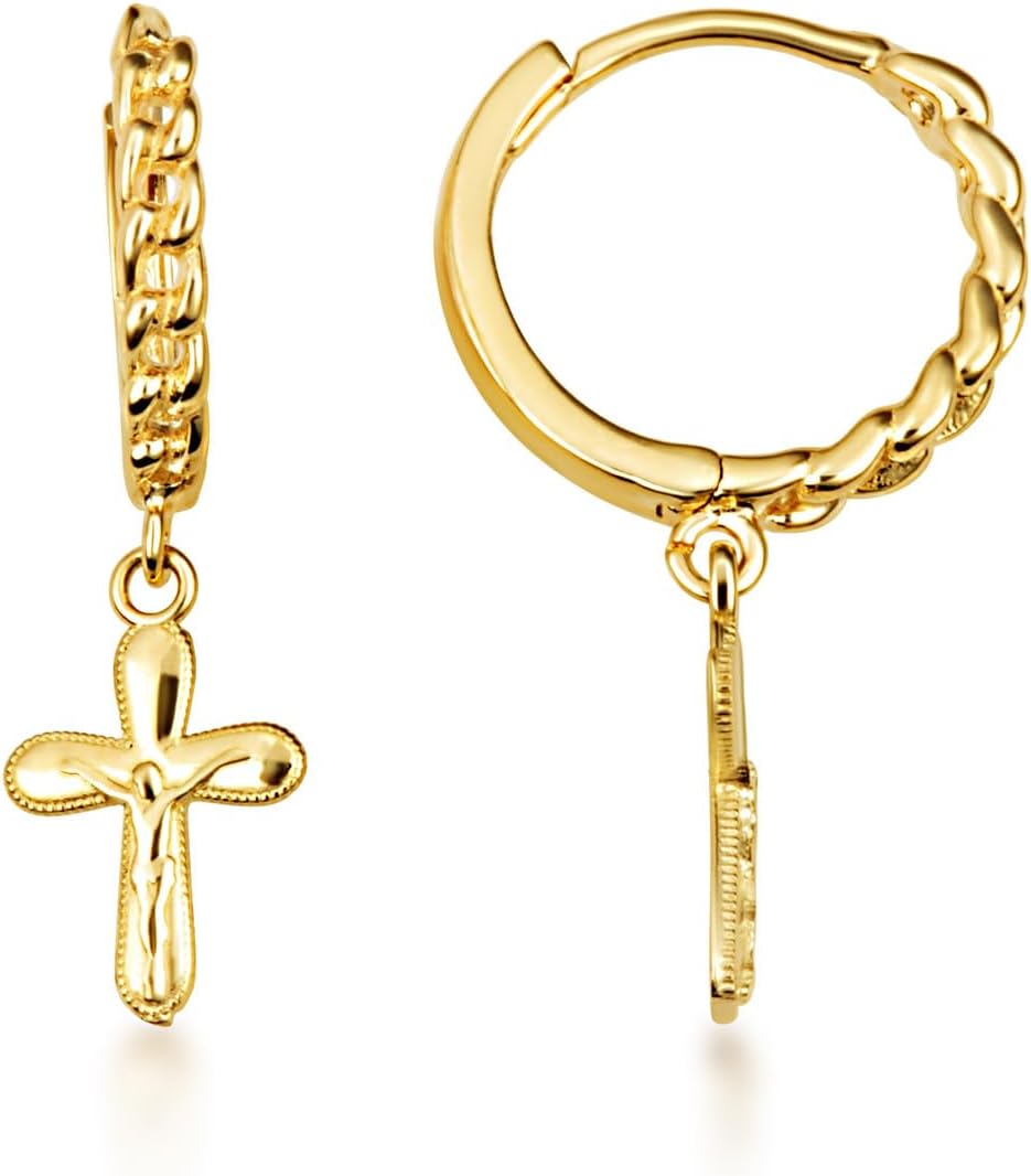 10K or 14K Yellow Gold Jesus Christ Crucifix Cross Milgrain Cuban Link Drop Huggie Hoop Earrings for Women Girls - Choice of Metal
