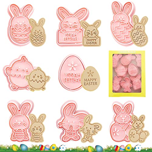 Shinybox Cortadores de Galletas de Pascua, 8 Piezas Moldes para Pastel de Pascua, Cortador de Galletas de Plástico 3D, Moldes Galletas para Niños, Cookie Cutter Deco de Pasteles de Galletas Cover
