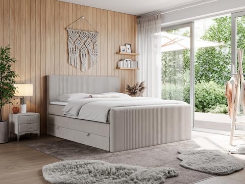 MKS MEBLE Boxspringbett Doren King 200x200 cm, Polsterbett mit Kopfteil und Bettkasten, Bett mit Multipocket-Matratze H3, Boxspringbett mit Topper T25 - Beige Struktur