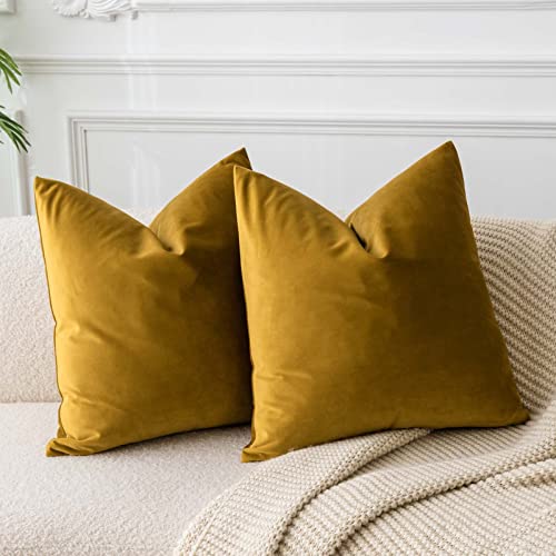 Image of 26x26 Decorative Velvet Euro Throw Pillow Covers Set of 2,Mustard Yellow | JUSPURBET Cozy Soft Couch Covers with Invisible Zipper for Modern Couch Sofa Bed Living Room Bedroom Home Decor