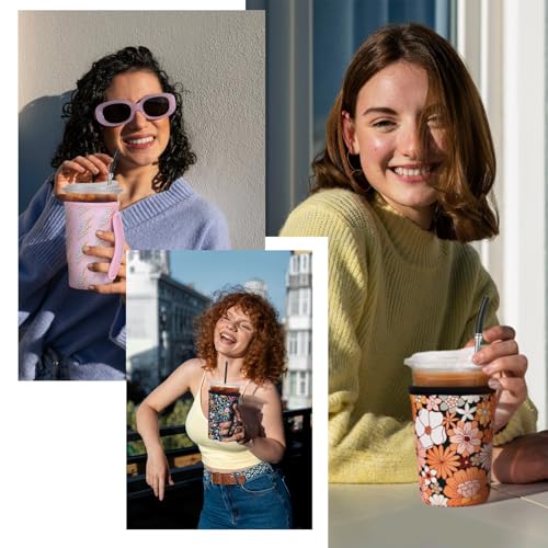 Cavllson reusable Insulated Neoprene Iced Coffee Beverage Sleeves, Iced Coffee Kozie, Cold Drink Cup holder for Most Cups like Starbucks, Dunkin Donuts and More(Pastel Flowers Medium 22-28oz)