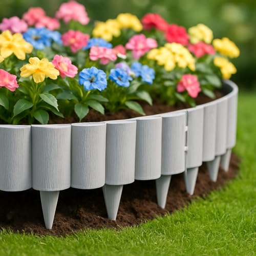 Image of Woven Garden Border Fence Pillar Design (10 Pcs) Grey - Interlocking Edging Panels | Flexible Weave Fence for Flower Beds, Lawns & Pathways