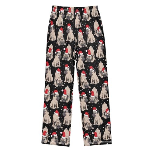 ZZXXB Merry Xmas Bulldog Snow Boys Long Pants Soft Trousers Elastic Waist Kids Lounge Bottoms with Pockets S-XL