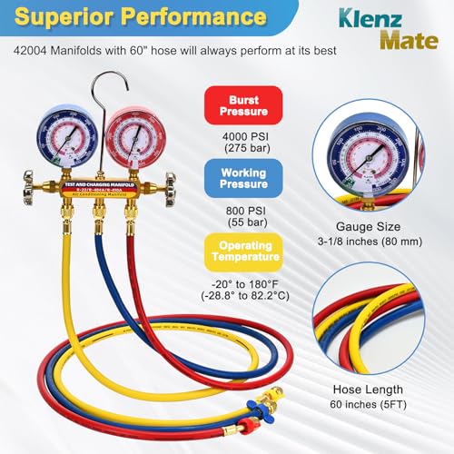 Image of 2026 Upgrade 42004 Test and Charging Manifold for R-22 /404A /410A, 60 inch Hoses | HVAC Manifold Set with 3-1 /8 inch (80 mm) Dual Gauges, 1 /4 inch Standard Flare Fitting, HVAC Color-Coded Gauges Set, 2-Valve
