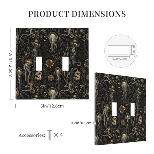 Decorative Switch Plate Covers Black Gold Jellyfish Squid Deep Sea Creatures 2 Gang Light Switch Cover Plate Unique Double Toggle Wall Plate Outlet Covers for Bedroom Home Decor