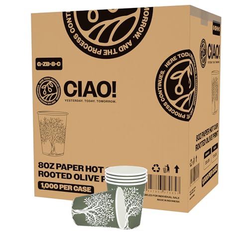 CIAO! 8oz Paper Hot Cup, Rooted Olive Print, (Case of 1,000)