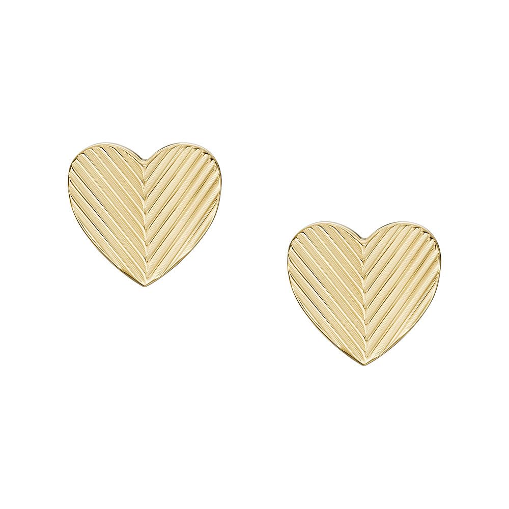 FossilPendientes de botón de corazón para mujer Harlow de acero inoxidable en tono dorado con textura lineal, JF04654710